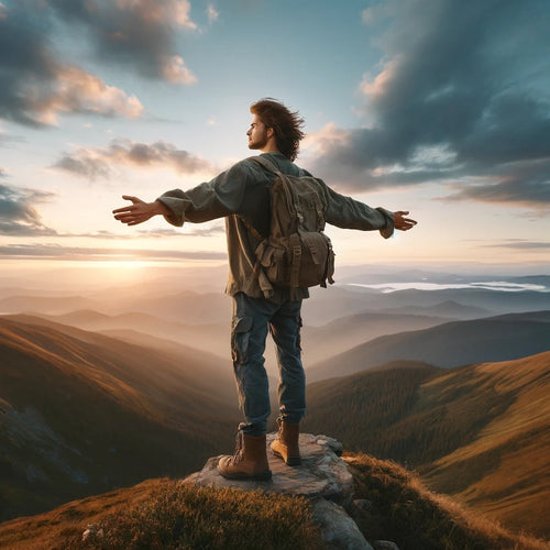 Man on top of a mountain in hiking gear with arms spread out