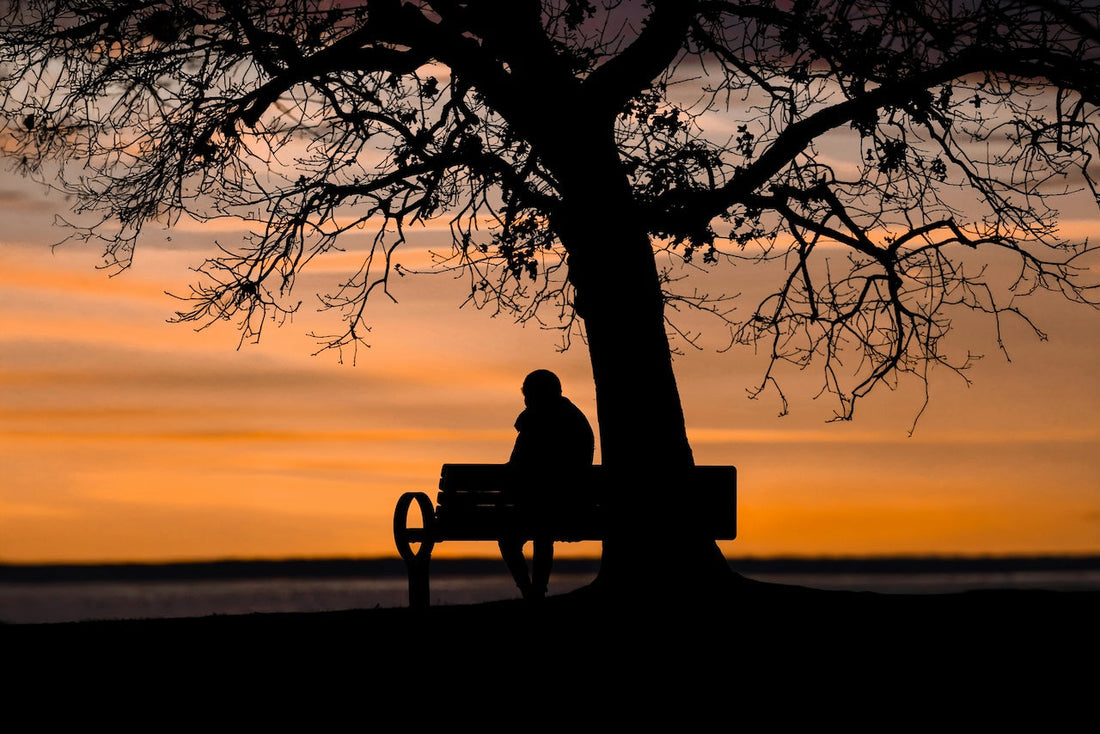 A person sitting alone on a bench at sunrise