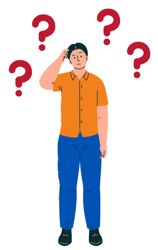 Man scratching his head with questions marks around his head