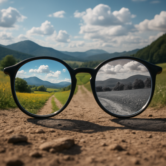 Glasses in the forefront of a mountain landscape where one lens in coloured and the other black and white.