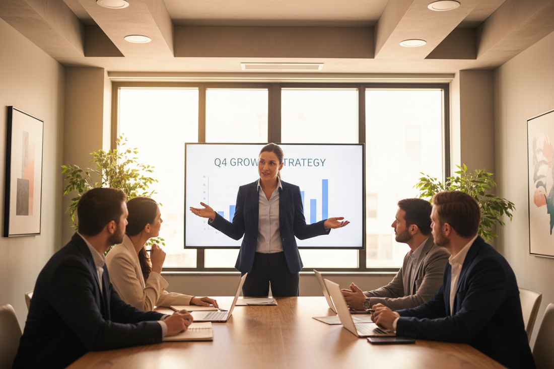 Person confidently presenting during a small meeting.