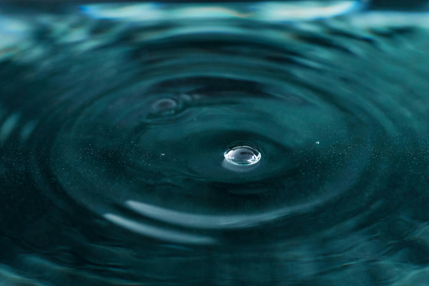 Close-up of a water droplet forming on water surface with ripples,