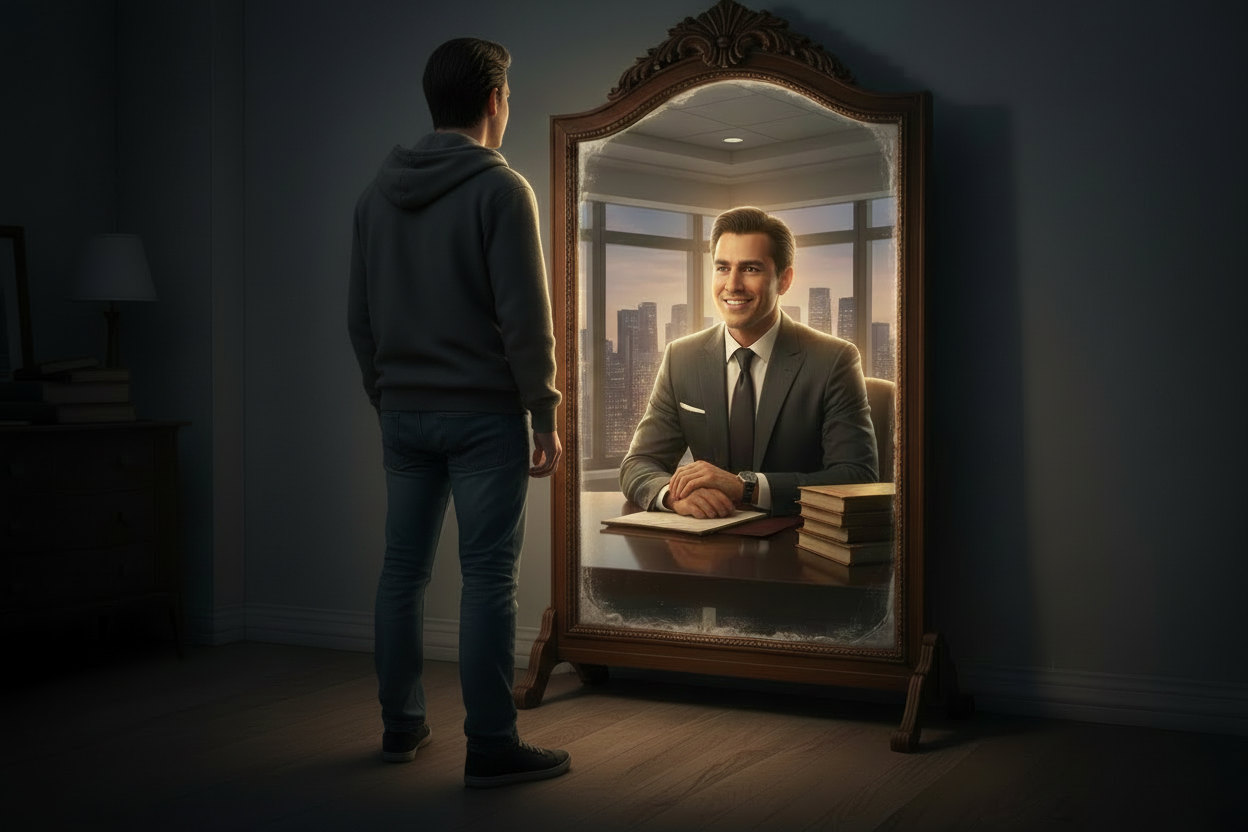 Man looking at himself in a mirror reflecting a professional setting
