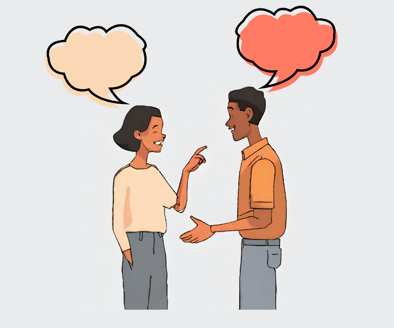 Two characters talking to each other with talking bubbles not listening to each other.